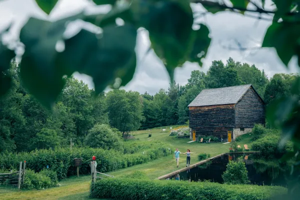 A couple hiking at John Brown Farm in Lake Placid, NY.