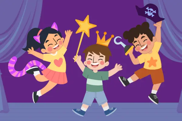 Three children dressed in costumes leap joyfully on a stage. One is a cat, one is a king, and one is a pirate.