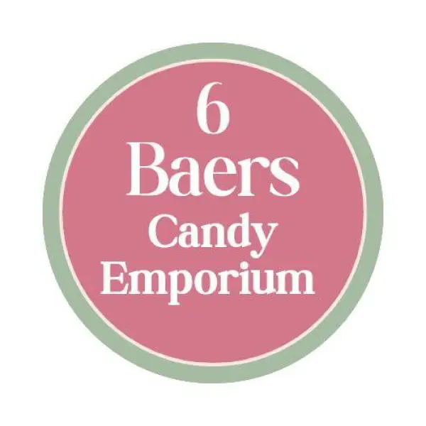 A pink circle surrounded by a green circle with the words 6 Baers Candy Emporium
