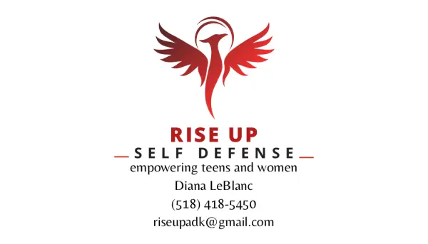 Rise Up Self Defense logo: a red phoenix with the business name and contact information.