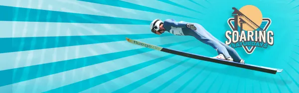 Soaring Saturday promotion graphic with Soaring Saturday logo in upper right corner and a ski jumper in the foreground.