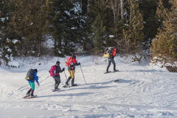 Group of people wearing snowshoes beginning a winter hike.