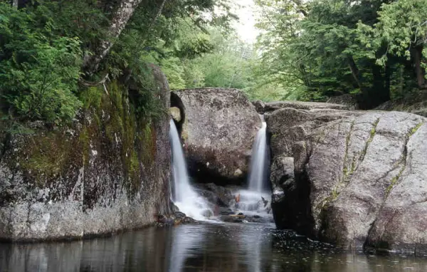 A small, dual waterfall flowing into a pool