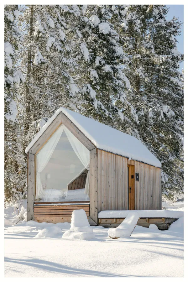 A minimum cabin blanketed in snow surrounded by tall pines