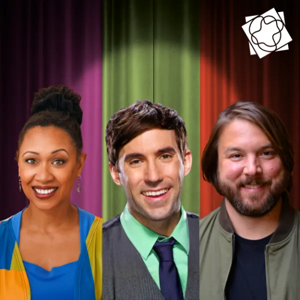 Headshots of three comedians in front of colorful theater curtains in a collage