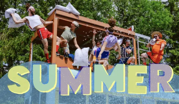 Circus performers in summer camp costumes leaning out of a structure with graphic letters spelling out summer in a banner across the bottom of the image