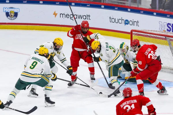 The image captures a close-up of hands reaching out, wearing red hockey gloves. 