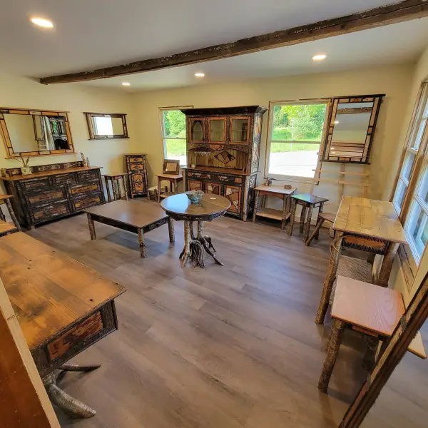 Full set of beautiful rustic bark adorned furniture