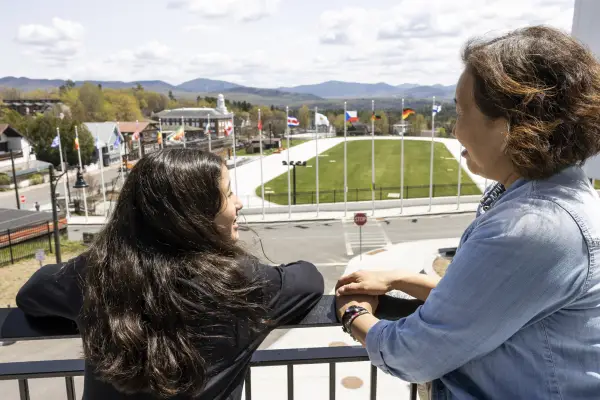 A mother and daughter overlooking the Olympic Oval.