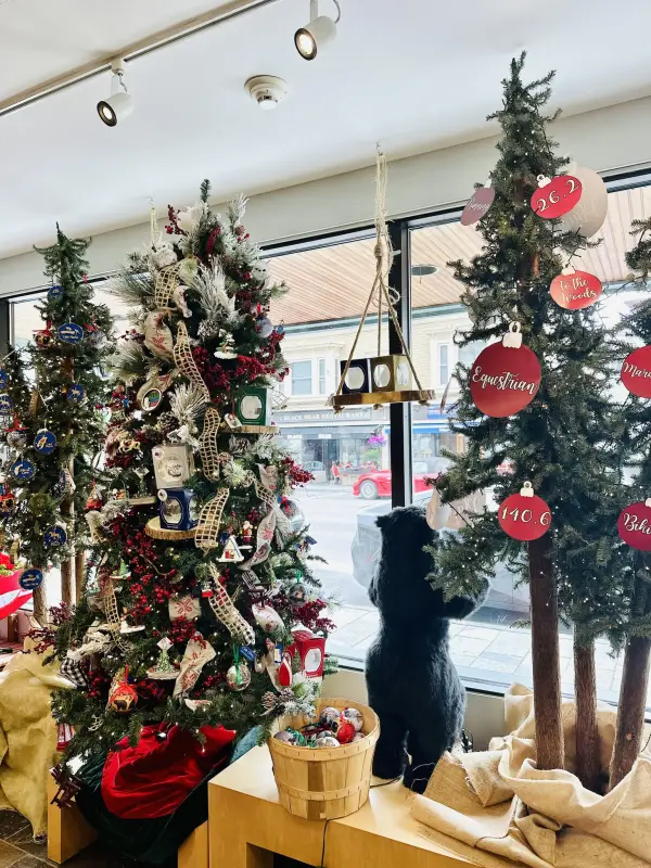 Decorated trees in the front window of the store.