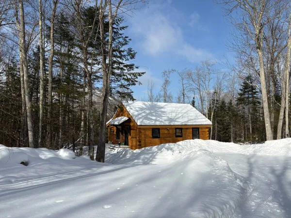 A log cabin tucked amongst the pine trees, covered in snow.