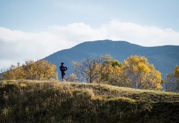 Person runs on grassy hill in fall with trees ad mountains in the background