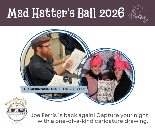 Graphic featuring image of caricature artist and a second image of two women in flamingo hats holding a caricature drawing