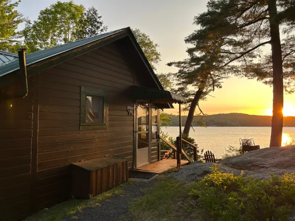 sunset over the lake from the cabin