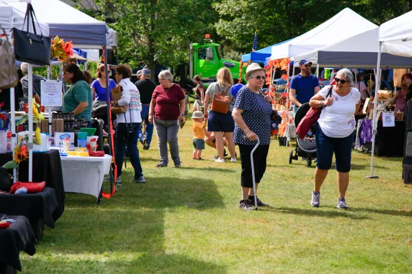 People walk around outdoor festival with some stopping at vendor tents