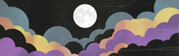 Graphic image of moon in black sky surrounded by multi-colored clouds