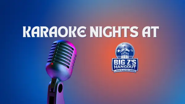 Karaoke nights at Big Z's Hangout, Lake Placid Lanes. A microphone is in the foreground.