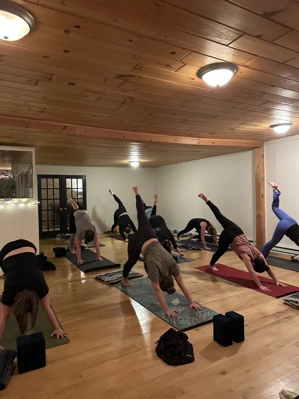 A yoga class in a studio with wood floors and a wood ceiling. Several people are doing a three-legged dog pose.