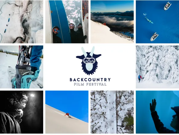 Collage of outdoor adventure images in a square pattern with Backcountry Film Festival logo in center