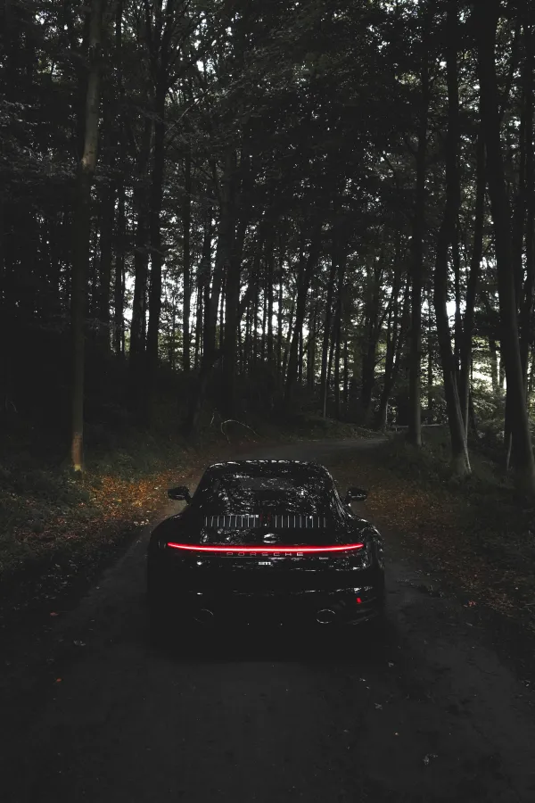 Stock image of porche sports car from behind on dark wooded single lane road
