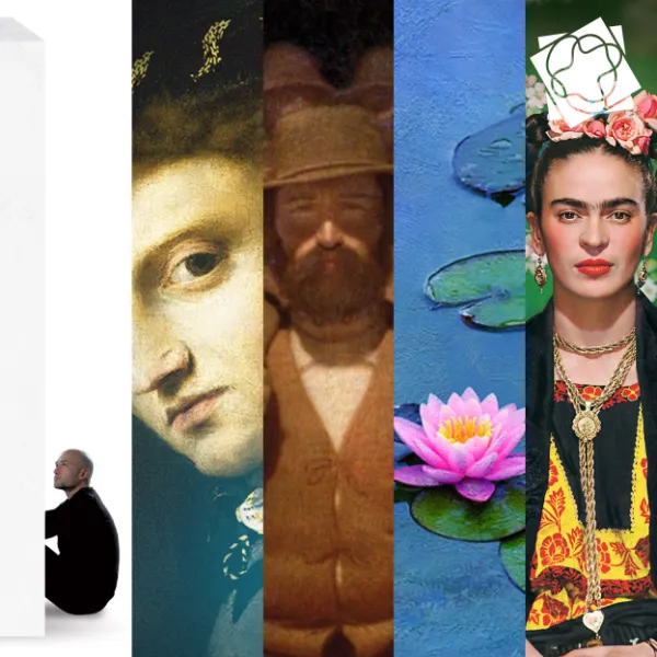 Five vertical strip images showing portions of paintings, artists, and photos