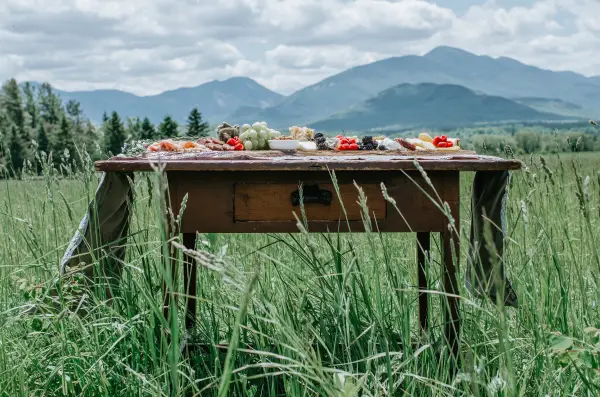antique desk with flowers in the meadow with the high peaks in the background