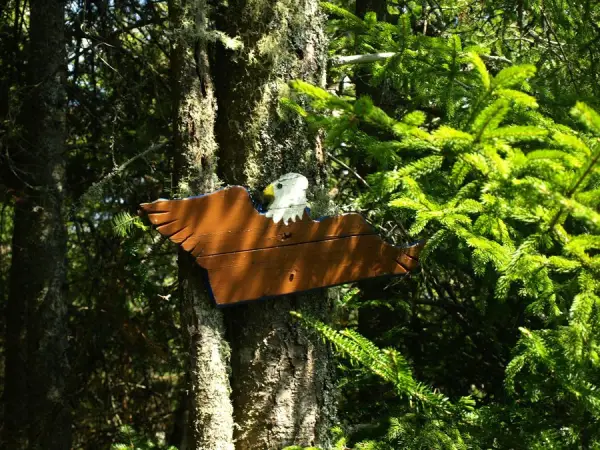 A wooden eagle sign