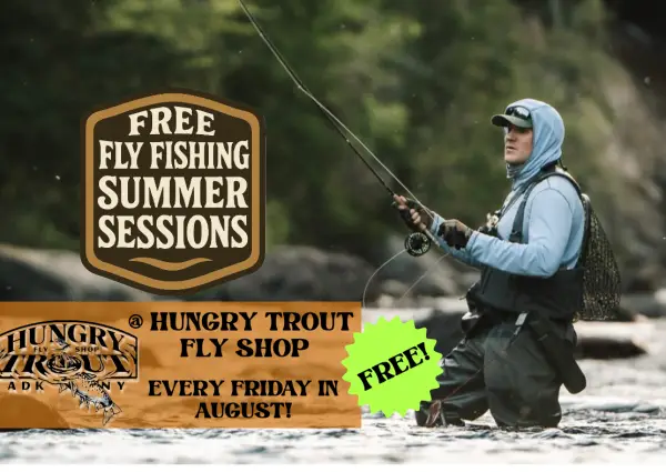 Man standing in river fly fishing with text about free fly fishing event series overlaid