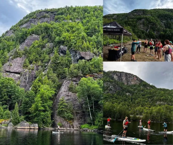 A collage of photos showing a group of people paddleboarding on a lake.
