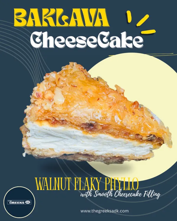 Baklava CheeseCake with walnut flaky phyllo and smooth cheesecake filling.