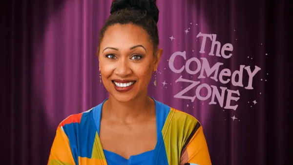 Image of comedienne superimposed in front of purple theater curtain with "The Comedy Zone" next to her head in lavender text