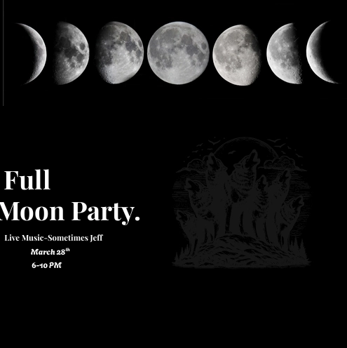 Phases on the moon illustrated on black background with text about Full Moon Party at Whiteface Club & Resort
