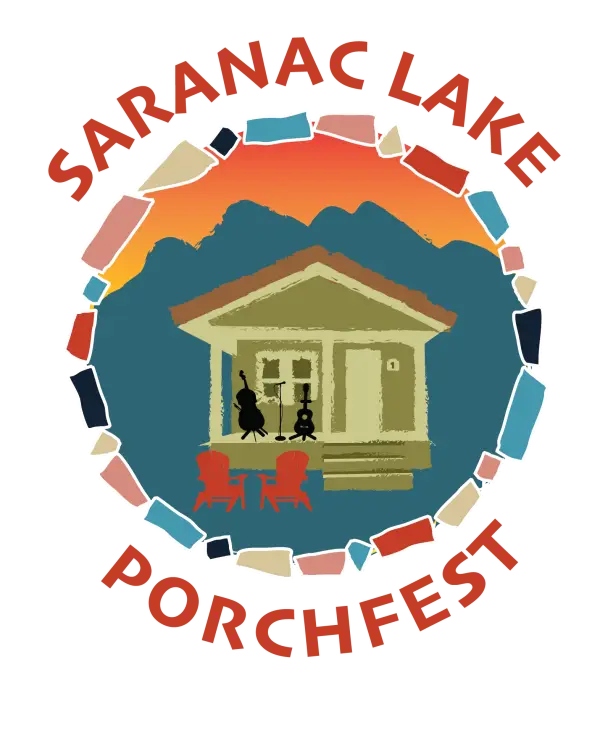 Saranae Lake Porchfest logo:  A house with musical instruments on the porch, surrounded by a mosaic-like circle.