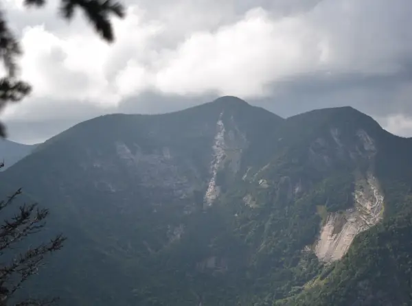A through-the-trees view of a tall, three-peaked mountain