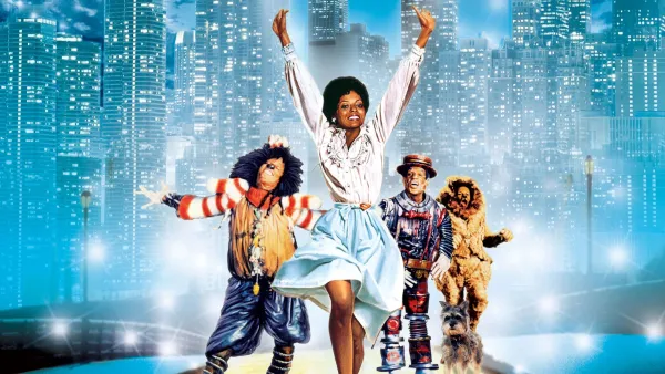 Promo image from The Wiz movie musical with Diana Ross (Dorothy), Michael Jackson (Scarecrow), Nipsey Russell and Ted Ross