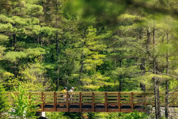 Two people cycle across a bridge