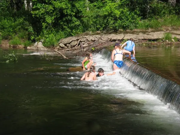 A few children swim in a slow-moving river
