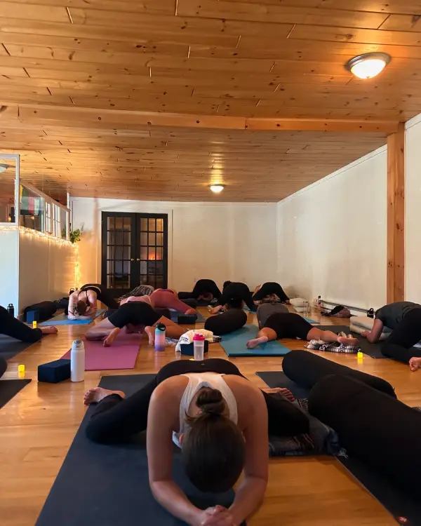 A yoga class in a studio with wood floors and a wood ceiling.  Several people are on yoga mats performing a seated forward fold.