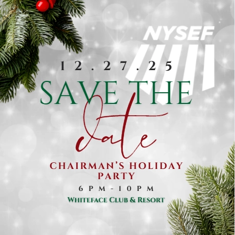 Save the Date graphic with snowy background, holiday greenery in the corners, and the NYSEF logo