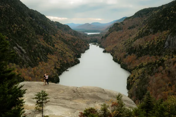 Looking out at a lake between two mountains