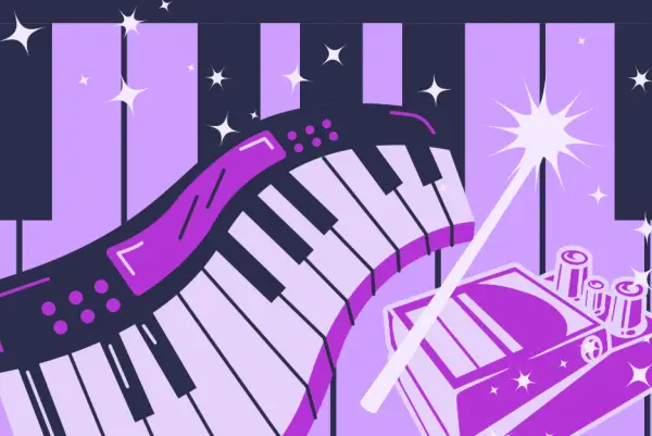 A purple keyboard with a guitar pedal and a magic wand, all set against a background of piano keys and sparkles.