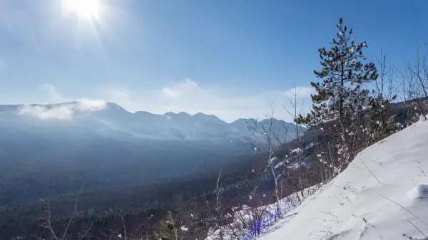 A hazy winter view of mountains