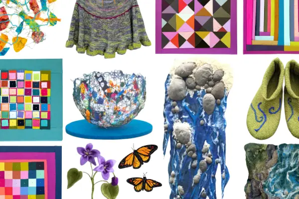 Collage of various textile artworks, including a knitted skirt, patchwork quilts, felted items, and embroidered pieces.