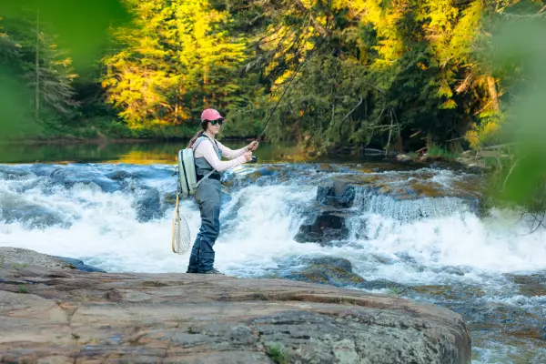 Someone fly fishing on the bank of a rocky river