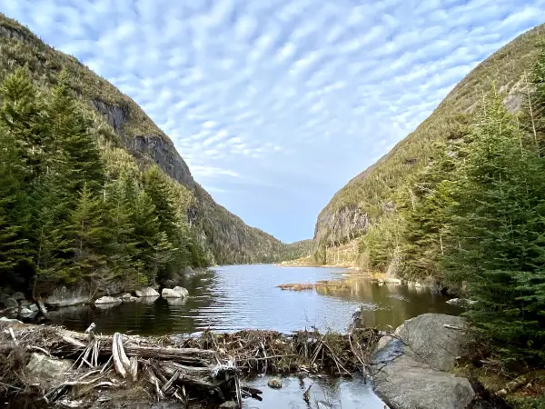 A narrow lake surround by mountains