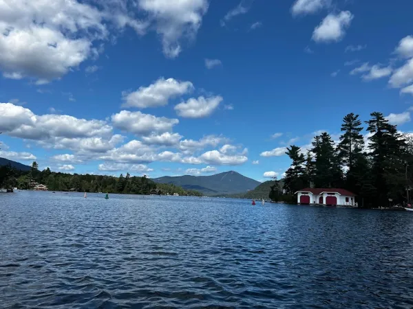 The view of Lake Placid and surrounding mountains from Paradox Bay Marina.