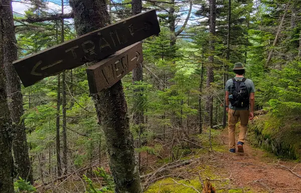 A hiker in front of a couple wooden signs