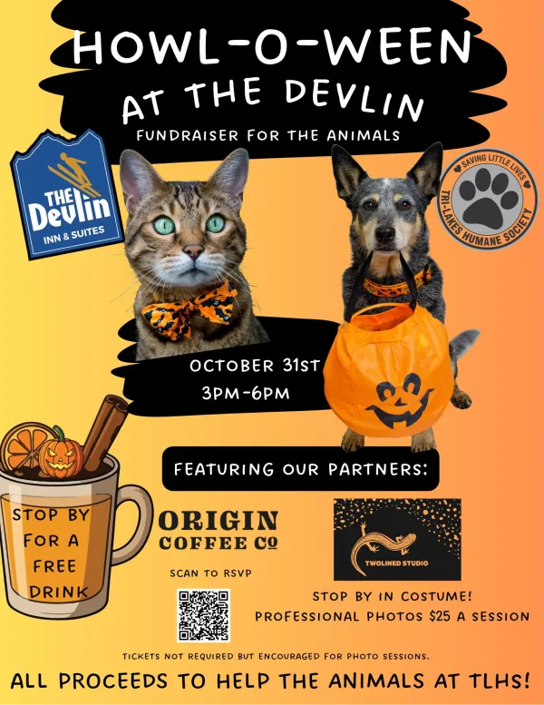 festive Halloween flyer with cat and dog dressed up 