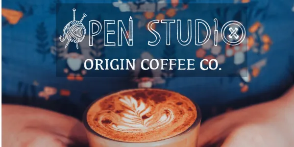 A promotional graphic features the text "OPEN STUDIO" and "ORIGIN COFFEE CO." on a background of a person holding a latte.
