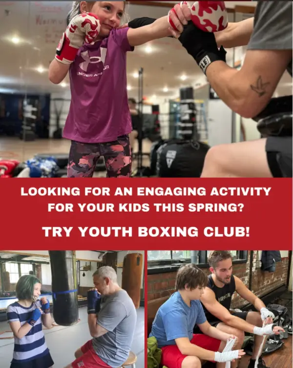 Collage of photos showing children participating in youth boxing.  A girl practices boxing with a coach, another girl practices with a heavy bag, and a boy learns to wrap his hands.  Text overlay promotes youth boxing club.